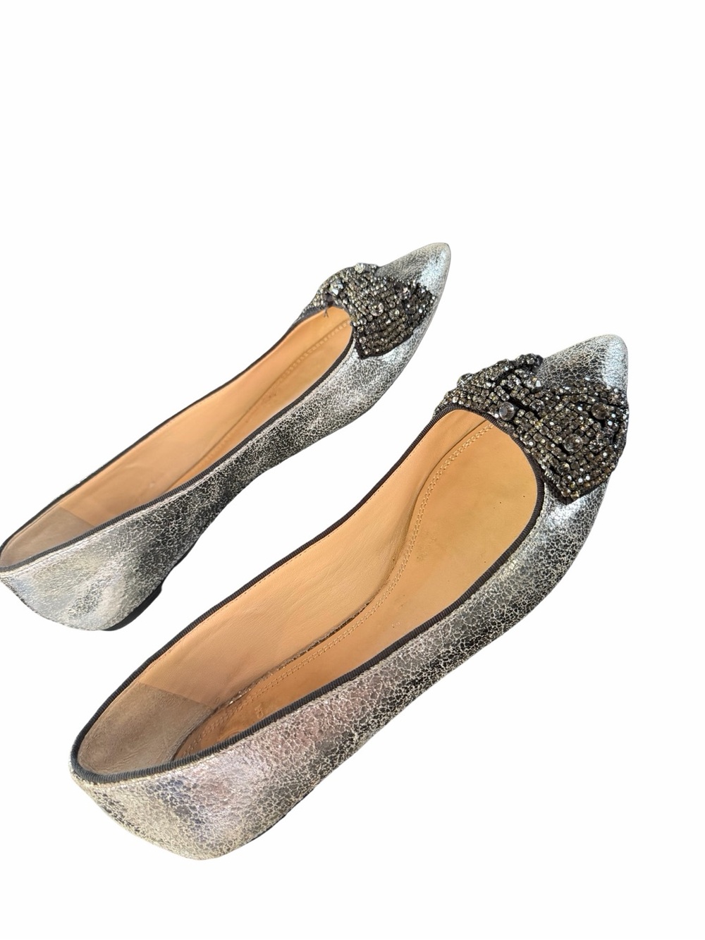 Tory Burch Vanessa Metallic Silver Pointed Toe Crystal Bow Ballerina Flat Size 9 - Picture 4 of 11